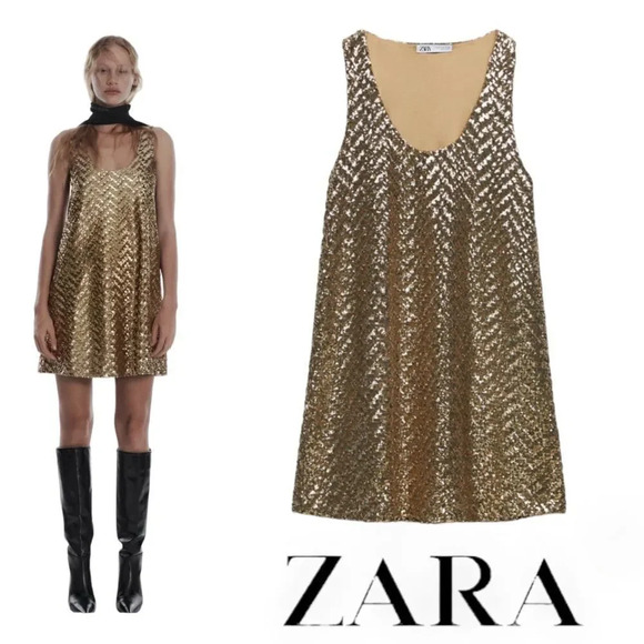 ZARA | Golden | SEQUIN KNIT MINI DRESS - Picture 1 of 12